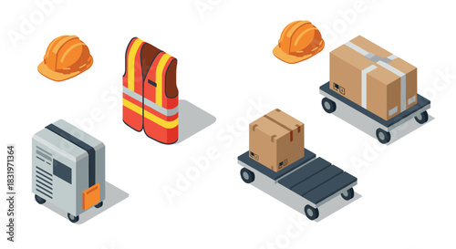 Cargo and safety equipment in isometric style