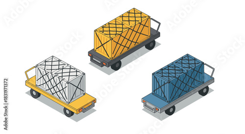 Isometric cargo trucks: colorful shipping containers on delivery vehicles