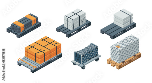 Various isometric pallets with cargo and crates on white background