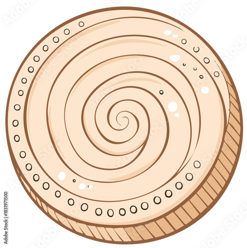 Beige Round Cookie Candy with Brown Outline and Spiral Design Cartoon Illustration