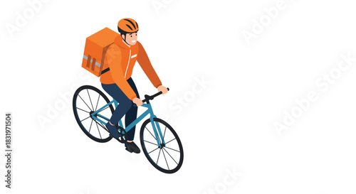 Isometric urban cyclist delivering in orange jacket and helmet on bicycle