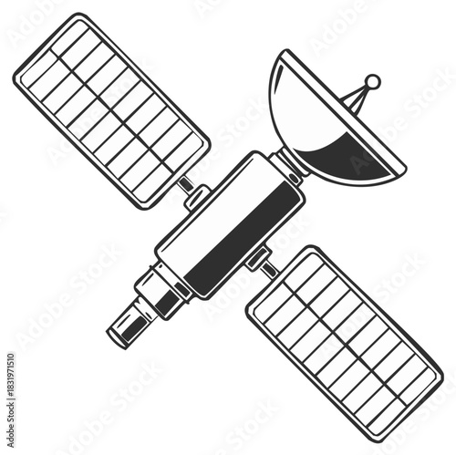 Communication satellite with solar panels and dish antenna for global data transmission