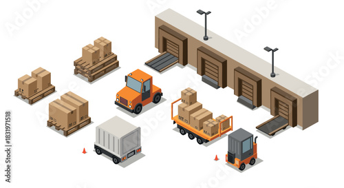 Isometric logistics hub with trucks and forklifts in a distribution center scene
