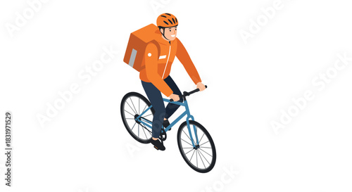 Isometric delivery cyclist in orange jacket and helmet