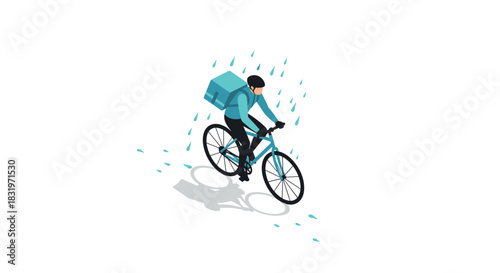 Courier biking in the rain: isometric design of urban cyclist with delivery bag