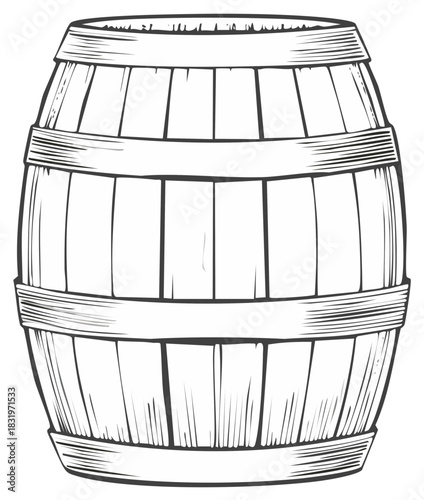 Wooden Barrel Sketch Illustration, Coopered Container Outlines, Vintage Farm Tool Graphic, Barrels