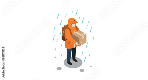 Isometric delivery person in rain with package