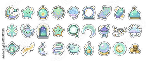 Astrology and celestial icon set. containing moon, star, lantern, cloud, crystal ball, comet, galaxy, teapot, and more. Vector collection