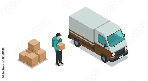 Isometric delivery service with courier and van unloading packages