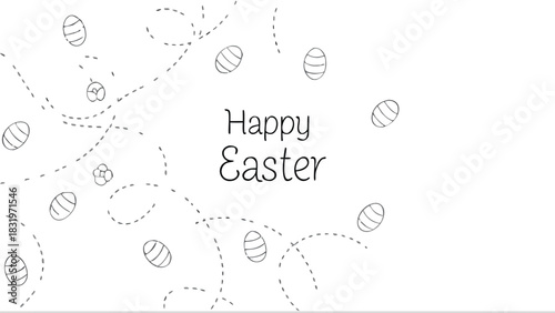 Simple and elegant hand drawn easter greeting card with striped eggs and dashed lines on a white background with the text happy easter