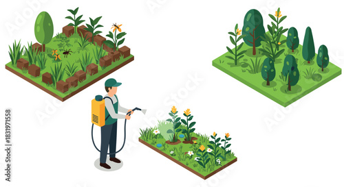 Isometric garden scenes with worker spraying plants