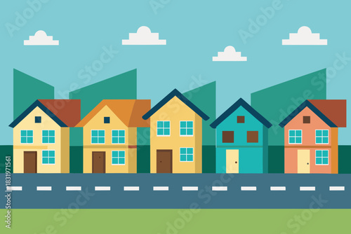 Row of suburban homes cartoon background simple vector illustration