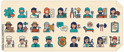 Professional occupations icon set. containing doctor, chef, farmer, scientist, lawyer, security, hairdresser, and more. Vector collection