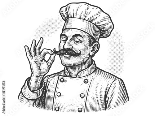 Bellissimo gesture chef making the delicious hand gesture, cooking and food themes sketch engraving generative ai fictional character vector illustration. Scratch board imitation. Black and white.