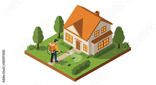 Modern isometric pest control service at home with exterminator in garden