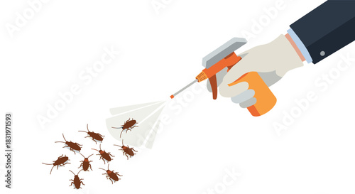 Hand spraying insects with pesticide in flat design