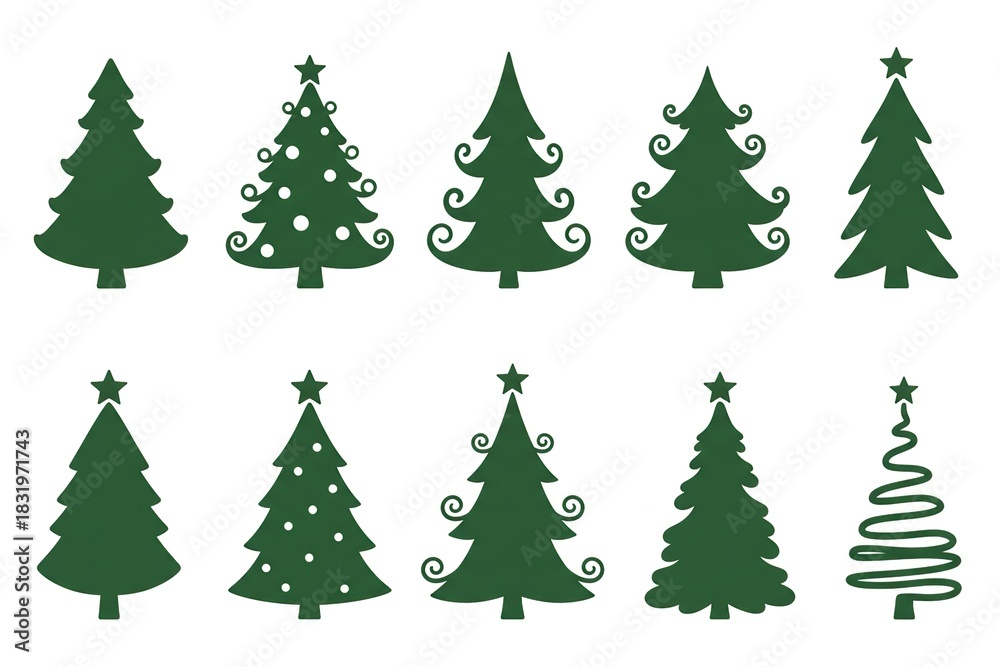 Fototapeta premium stylized christmas trees with spiral and star designs christmas tree green silhouette clipart set. green Christmas tree drawing clip art collection in white background for xmas season pine tree flat i