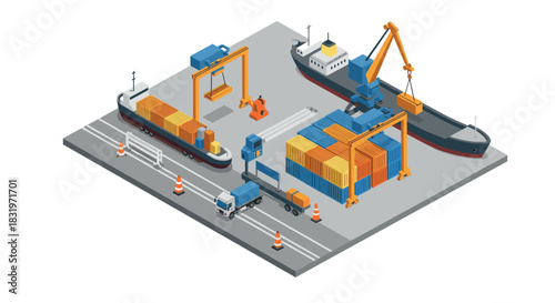 Isometric dockyard scene with cargo ships, crane, and container stacks