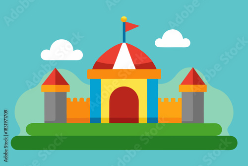 Field with a bouncy castle cartoon background simple vector illustration