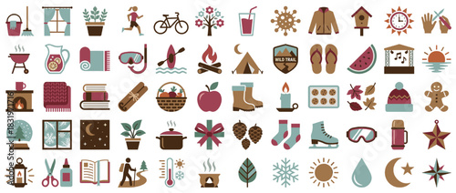 Winter and summer activity icon set. containing hiking, cycling, swimming, skiing, camping, cooking, holidays, and seasons. Vector collection