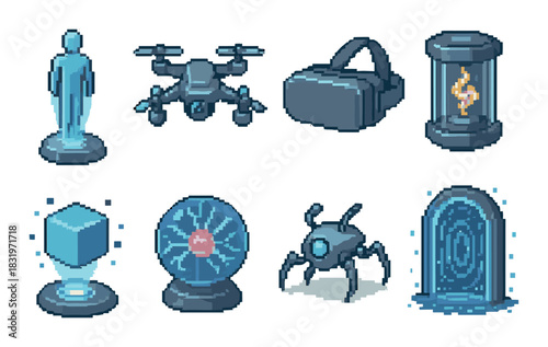 Pixel art futuristic technology icons: hologram drone vr atom portal