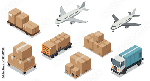 Isometric delivery and shipping icons featuring trucks, planes, and boxes