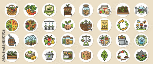 Sustainable and organic living icon set. featuring gardening, recycling, compost, green, eco, greenhouse, and more. Vector collection