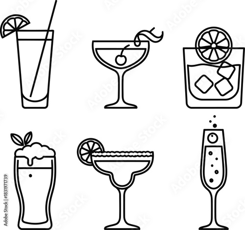Enjoy classic cocktails with friends at the bar showcasing summer drinks in minimalist line art style