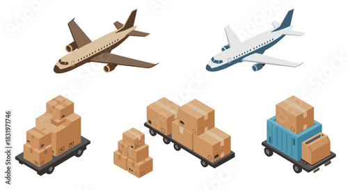 Isometric airplanes and cargo packages on white background