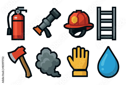 Firefighter equipment icons set with extinguisher, helmet, axe, gloves, ladder, hose, smoke, water drop