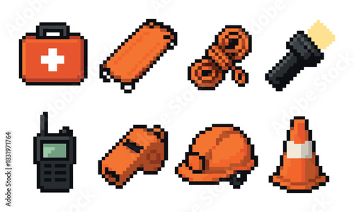 Pixel art emergency tools: first aid kit, stretcher, rope, flashlight, radio, whistle, helmet, cone