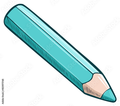 Aqua colored pencil with a sharpened tip and wooden casing drawn in a cartoon style