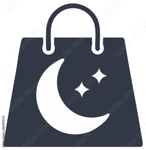Shopping bag icon features crescent moon and stars for celestial themed products.