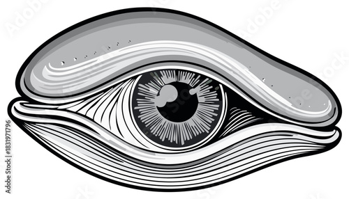 Monochrome graphic illustration of a mystical all-seeing eye with detailed line work