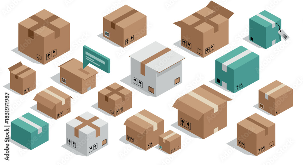Fototapeta premium Diverse collection of isometric cardboard boxes and shipping parcels