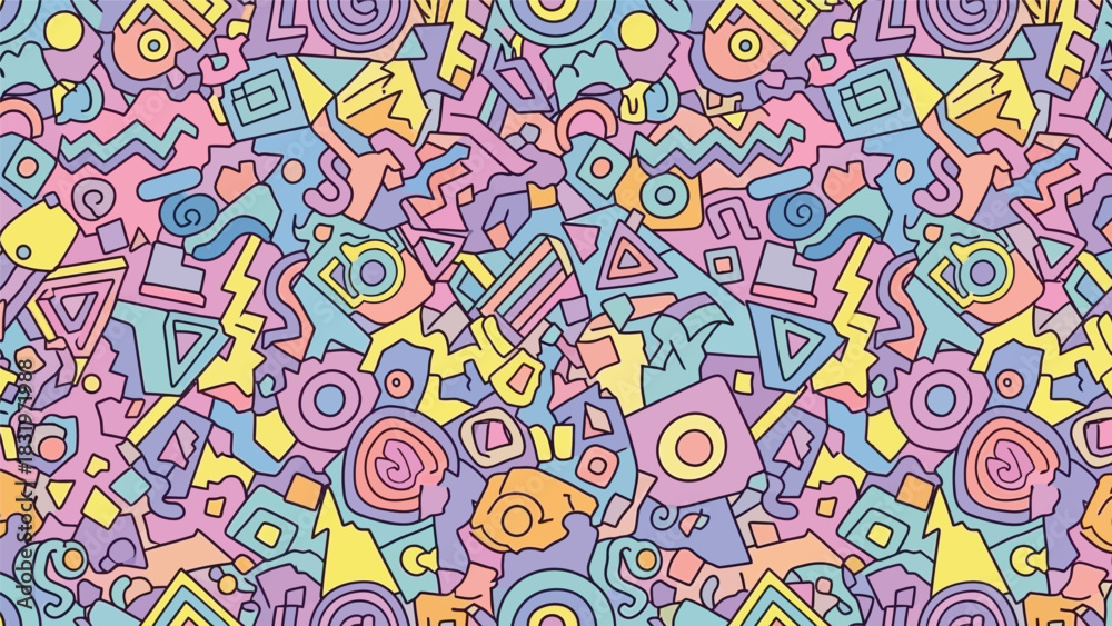 Fototapeta premium Vibrant abstract pattern featuring a colorful array of geometric shapes and symbols on a white background with a playful and lively mood.