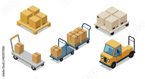 Isometric warehouse equipment with pallets, carts, and forklift for efficient goods transport
