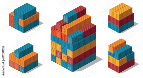Isometric shipping containers set in blue, yellow, and red on white background