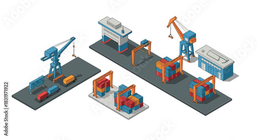 Isometric cargo port with cranes and containers on white background