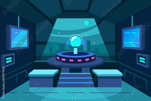 Hologram control room cartoon background simple vector illustration
