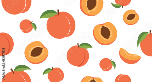 Seamless Apricot Pattern with Whole and Cut Apricots Colorful Flat Vector Background Illustration