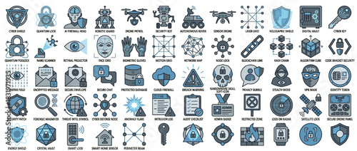 Cybersecurity and future technology icon set. featuring cyber shield, ai, firewall, drone, face recognition, and more. Vector collection