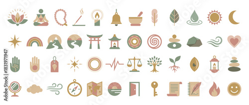 Zen and wellness icon set. containing yoga, meditation, incense, bell, leaf, sun, moon, star, rainbow, temple, balance and more. Vector collection