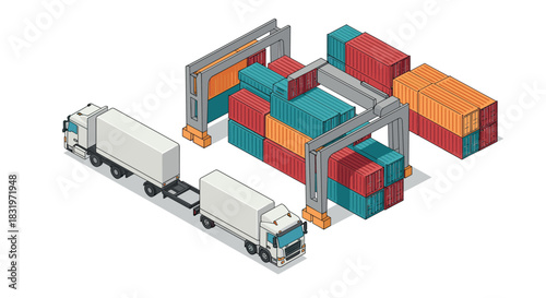 Isometric cargo logistics: trucks and shipping containers arrangement
