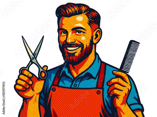 happy male barber in apron, confidently holding scissors and comb, ideal for grooming or hairstyling concepts. Generative ai vector colorful pop art illustration.