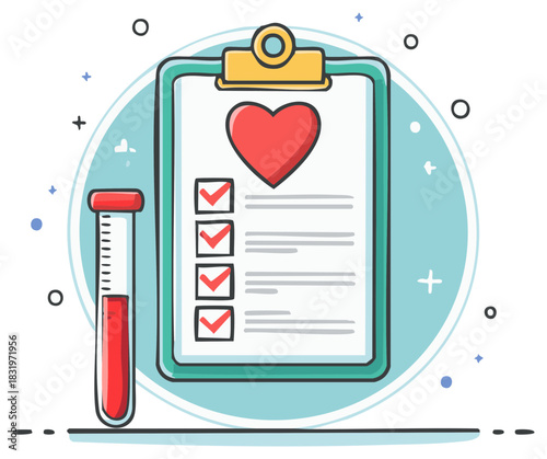 Healthcare assessment clipboard with heart icon, completed health tasks, and blood collection tube