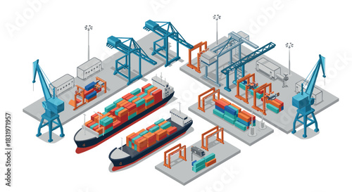 Isometric cargo port with cranes and containers in a modern shipping yard