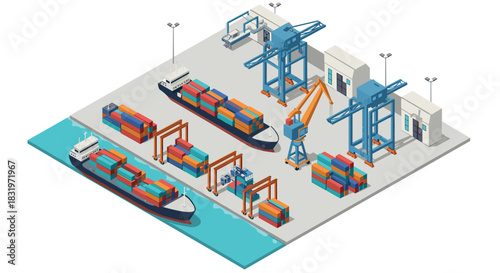 Isometric shipping port with cargo ships and cranes for maritime trade and logistics