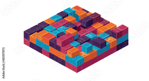 Colorful isometric cargo containers arrangement for logistics and trade