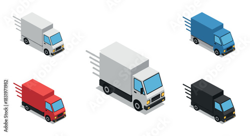Isometric delivery trucks in motion: colorful set for logistics concepts